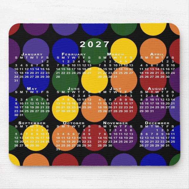 2027 Kalendern Pride Regnbåge Prickar på Svart Musmatta (Framsidan)