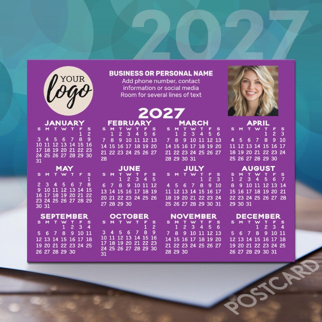 2027 Kalenderns logotyp, foto, företags kontakt li Vykort (2027 Calendar on a Postcard)