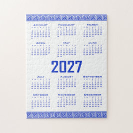 2027 Kalendrar, Grekisk Fret, Grekisk Blå på Vitt Pussel