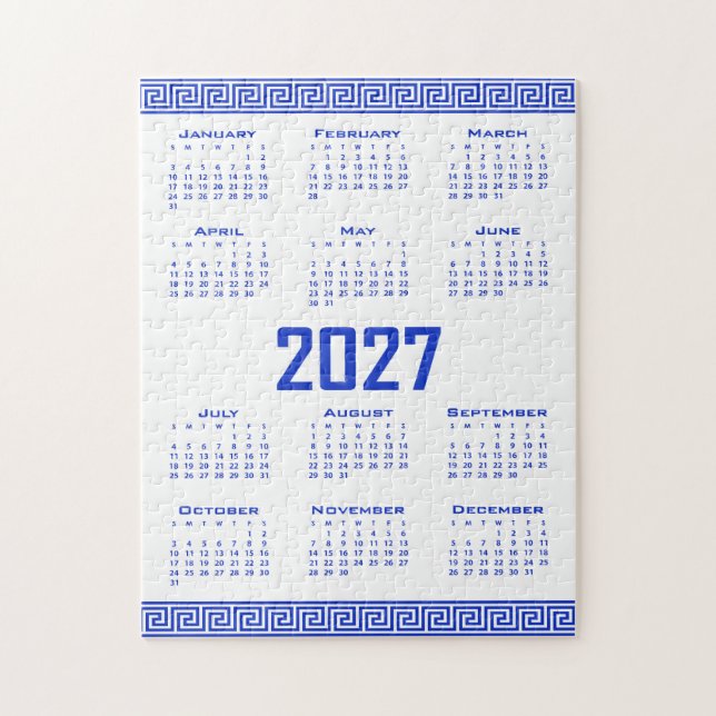 2027 Kalendrar, Grekisk Fret, Grekisk Blå på Vitt Pussel (Vertikal)
