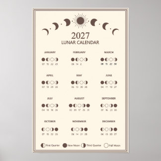 2027 Lunar Cycles Minimalistisk månfas kalender Poster