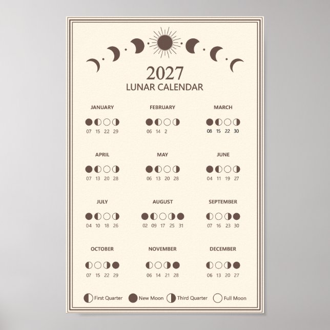 2027 Lunar Cycles Minimalistisk månfas kalender Poster (Framsidan)