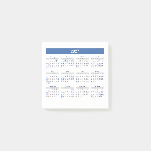 2027 Månadskalender Blå Version Post-it Block (Framsida)