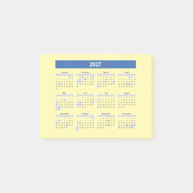 2027 Månadskalender Blå Version Post-it Block (Framsida)