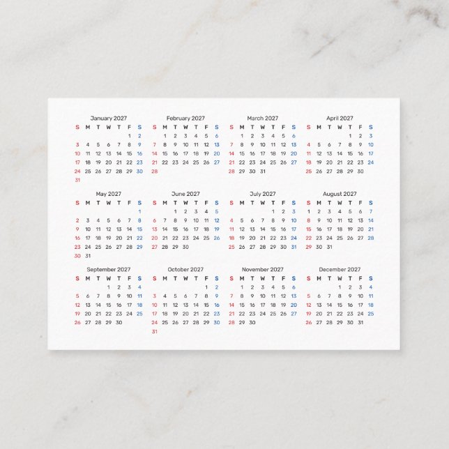 2027 Mini Kalender SÖNDAGS Start Sans Serif-tecken Visitkort (Baksida)