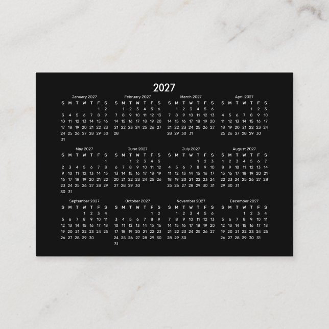 2027 Mini POCKET Kalender SÖNDAG Start SVART Visitkort (Baksida)