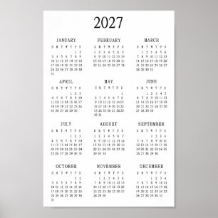 2027 Minimalistisk kalender för hela året Poster