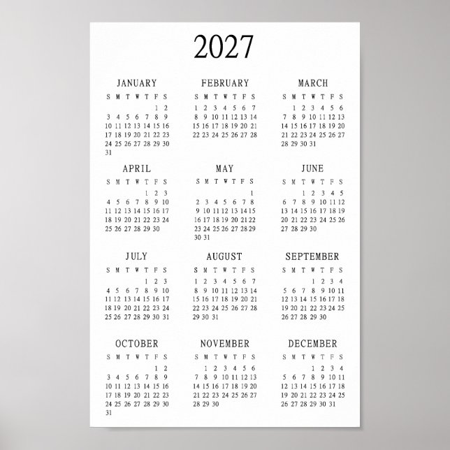 2027 Minimalistisk kalender för hela året Poster (Framsidan)