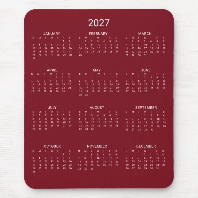 2027 Modern minimalist burgunderröd kalender Musmatta (Framsidan)
