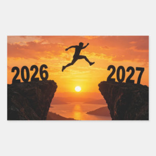 2027 Nyår Silhuett Hoppar över en Klippa Rektangulärt Klistermärke