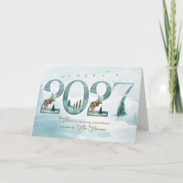 2027 Nyår Skogslandskap med hjortar och tallar Helgkort