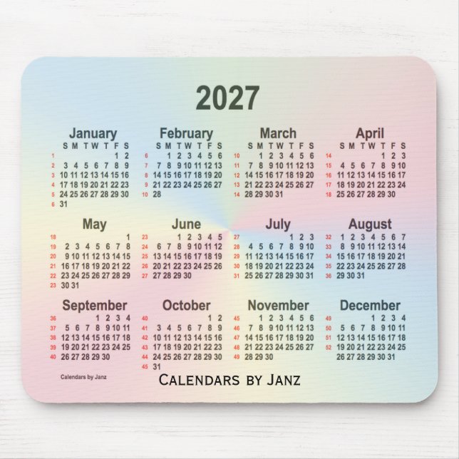 2027 Rainbow Cloud 52 veckor Kalender från Janz Musmatta (Framsidan)