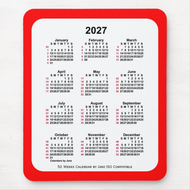 2027 Red 52 Weeks ISO Calendar av Janz Two Tone Musmatta (Framsidan)