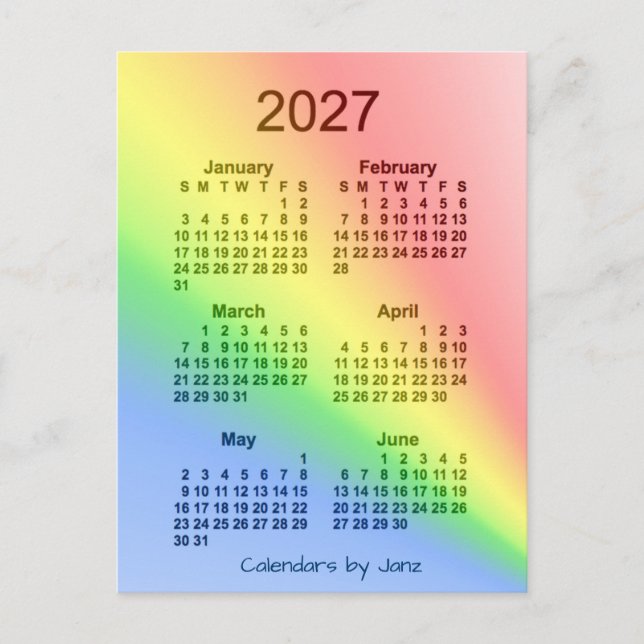 2027 Regnbåge 6 månaders Mini Calendar av Janz Vykort (Framsida)