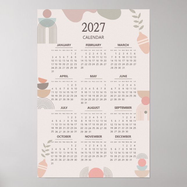 2027 Skandinavisk Kalender Boho Estetik Beige Poster (Framsidan)
