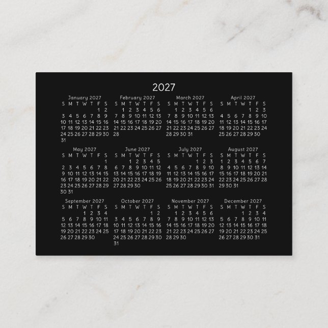 2027 SÖNDAG Start Fickkalender SVART Visitkort (Baksida)