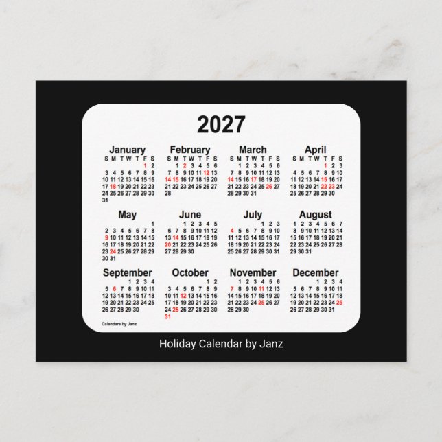 2027 Svart Höjd Mini Kalender av Janz Helg Vykort (Framsida)