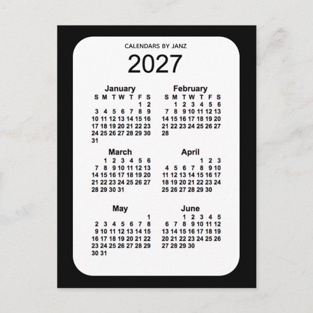 2027 Svarta 6-månaders mini-kalender från Janz Vykort (Framsida)