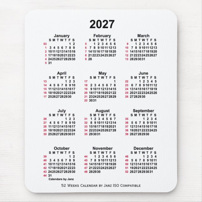 2027 Vit 52 veckor ISO-kalender från Janz Musmatta (Framsidan)
