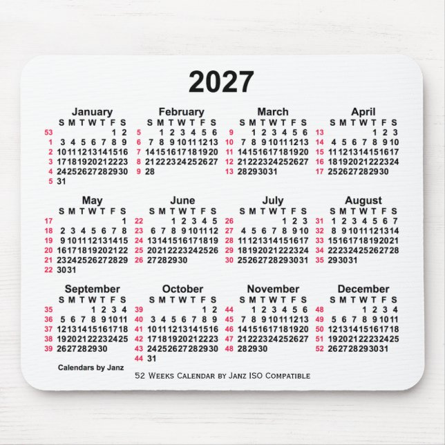 2027 Vit 52 veckor ISO-kalender från Janz Musmatta (Framsidan)