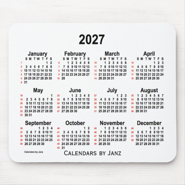2027 Vit kalender 52 veckor från Janz Musmatta (Framsidan)