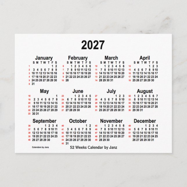 2027 Vit kalender 52 veckor från Janz Vykort (Framsida)