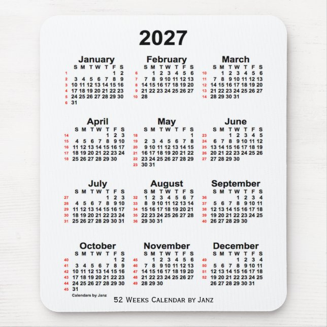 2027 Vit kalender för 52 veckor från Janz Musmatta (Framsidan)