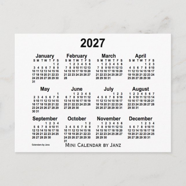 2027 Vit Mini Kalender av Janz Vykort (Framsida)