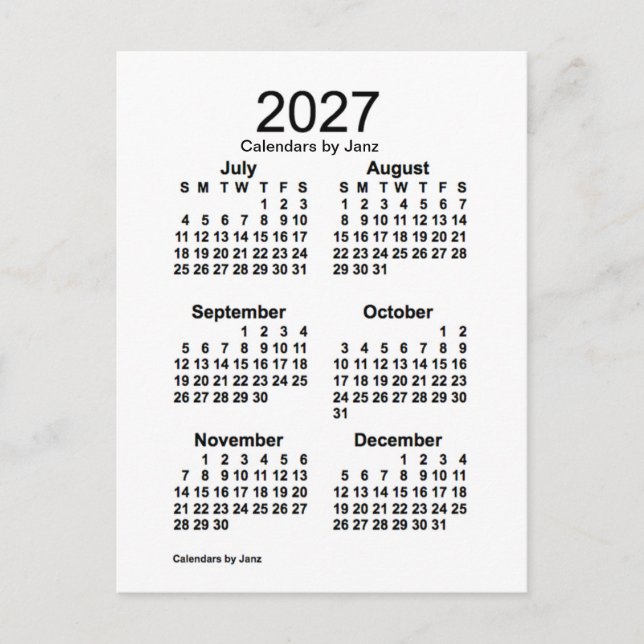 2027 Vit sexmånaderskalender från Janz Vykort (Framsida)