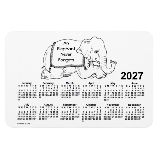 2027 White Elephant Calendar av Janz 4x6 Magnet (Horisontell)