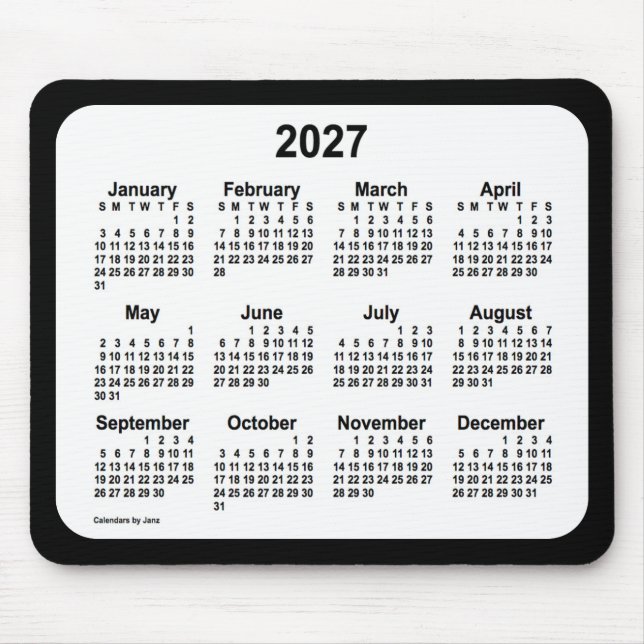 2027 White on Black Calendar från Janz Two Tone Musmatta (Framsidan)