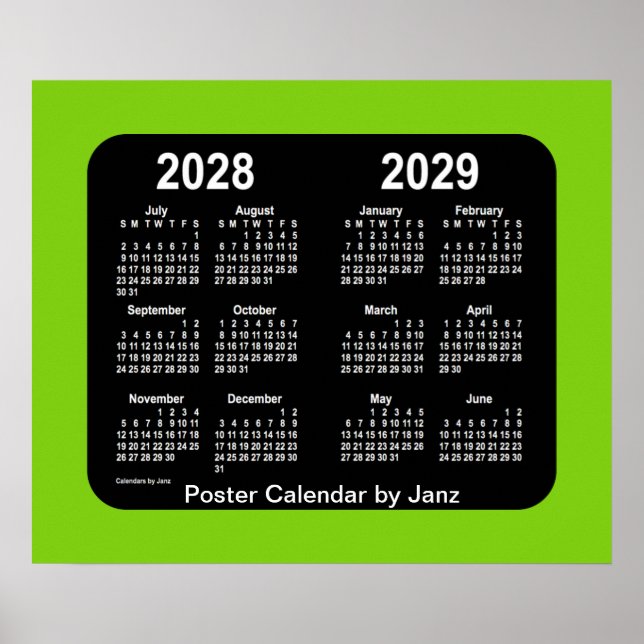 2028-2029 års kalender i Yellowgreen Neon School f Poster (Framsidan)