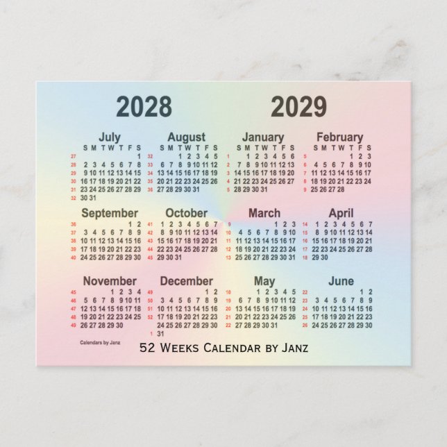 2028-2029 Regnbåge 52 veckors kalender från Janz Vykort (Framsida)