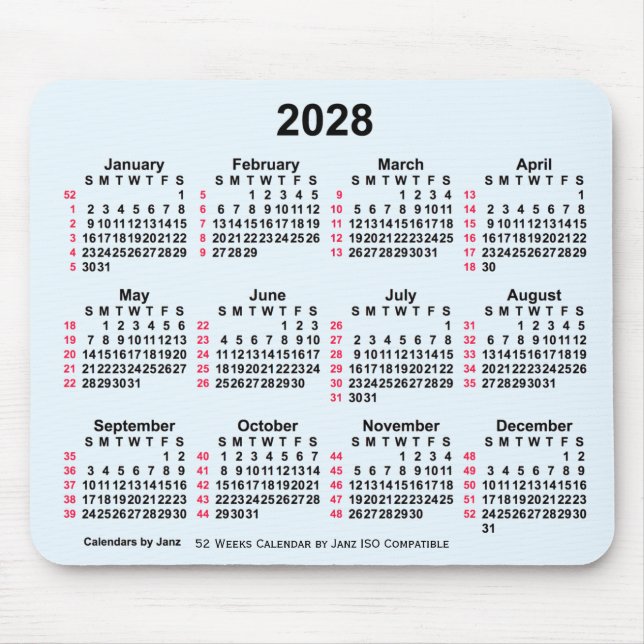 2028 Alice Blue 52 veckor ISO Calendar av Janz Musmatta (Framsidan)