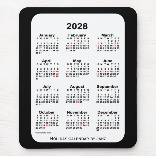 2028 års Helgdag - svart kalender från Janz Musmatta (Framsidan)