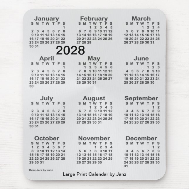 2028 års kalender för stora utskrifter i Silver fr Musmatta (Framsidan)
