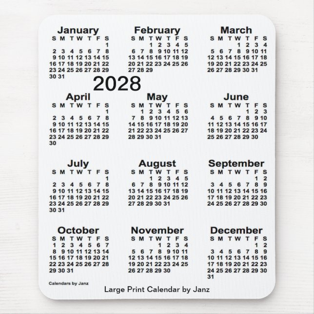 2028 års kalender för vit utskrift från Janz Musmatta (Framsidan)
