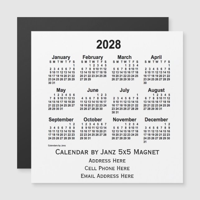 2028 års vita affärskalender från Janz 5x5 Magnet (Fram/baksida)