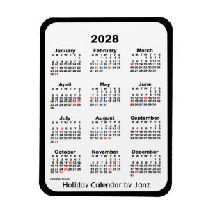 2028 Black Helgdag Calendar av Janz Magnet