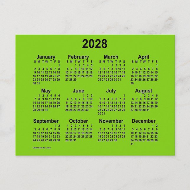 2028 Gul Grön Mini Kalender av Janz Vykort (Framsida)