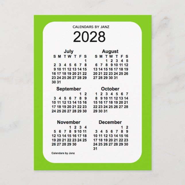 2028 Gult Grönt 6 Mini Calendar av Janz Vykort (Framsida)