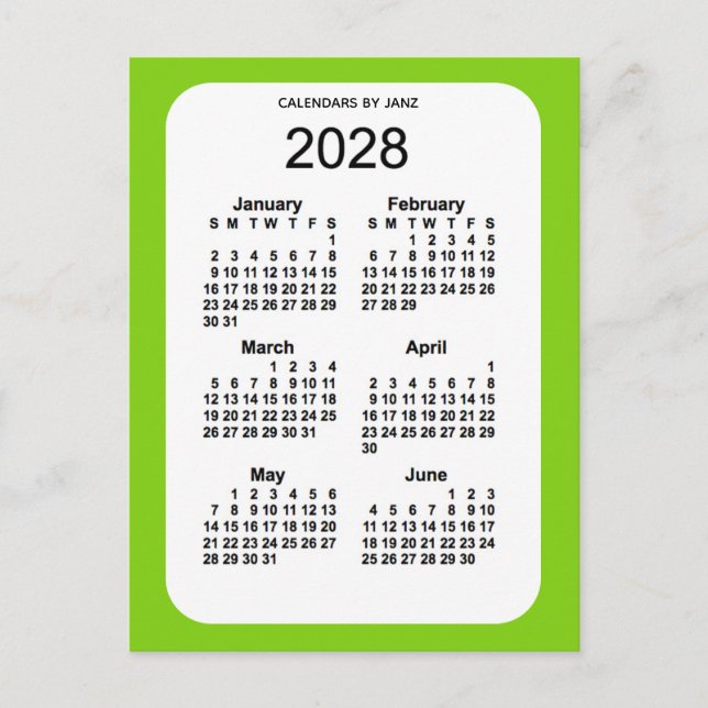 2028 Gult Grönt 6 Mini Calendar av Janz Vykort (Framsida)
