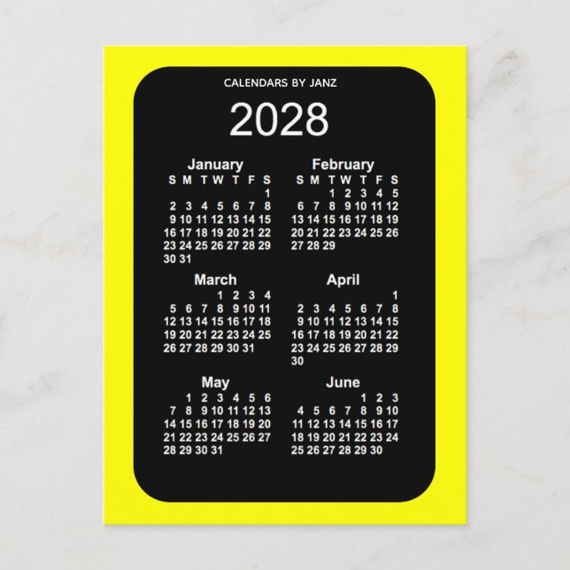 2028 Gult Neon 6 månaders Mini Calendar av Janz Vykort (Framsida)