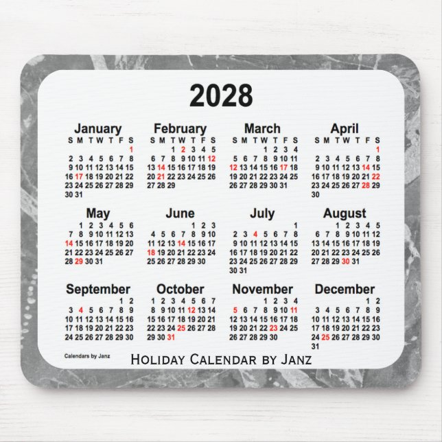 2028 Helgdag Art Calendar av Janz Mouse Pad Musmatta (Framsidan)