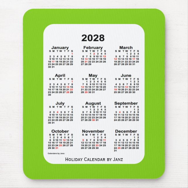 2028-Helgdag Grönt Kalender från Janz Musmatta (Framsidan)