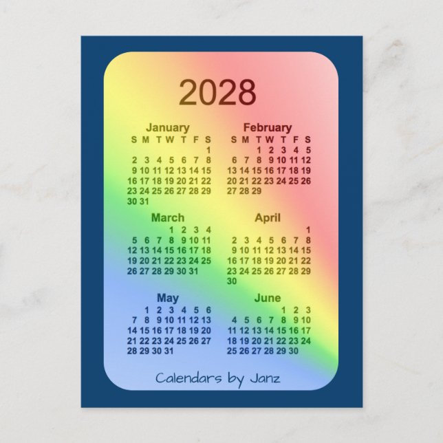 2028 Rainbow Blue 6 månaders mini-kalender av Janz Vykort (Framsida)