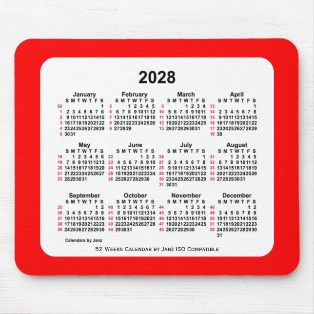 2028 Red 52 Weeks ISO Calendar av Janz Two Tone Musmatta (Framsidan)