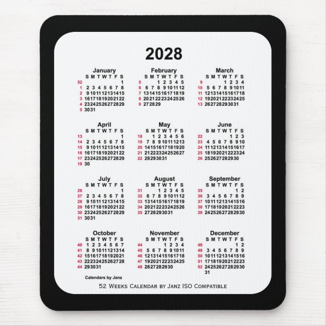 2028 svart 52 veckors ISO-kalender av Janz Two Ton Musmatta (Framsidan)