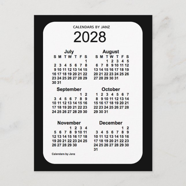 2028 Svart 6 månaders mini-kalender av Janz Vykort (Framsida)