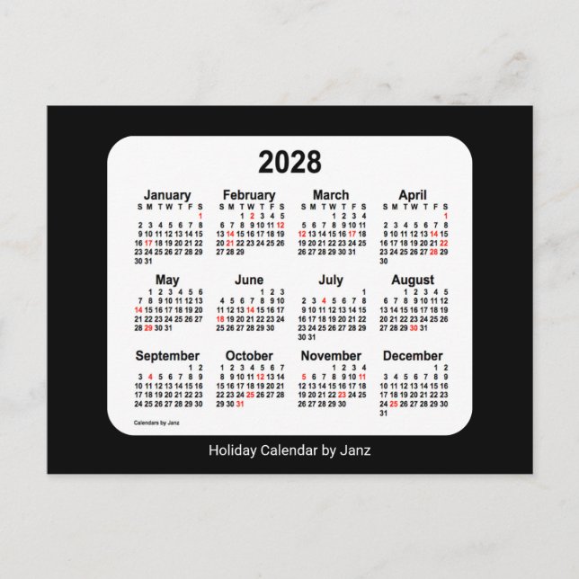 2028 Svart Holiday Mini Kalender av Janz Helg Vykort (Framsida)